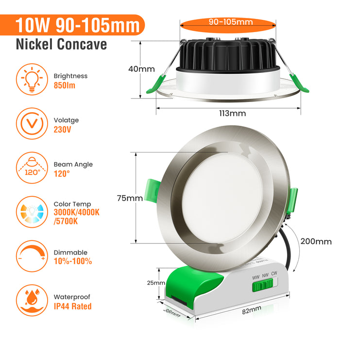 10W LED CCT Dimmable Downlight, Cutout 90-105mm, IP44/IP65 Rated, 6 Pack with External Driver