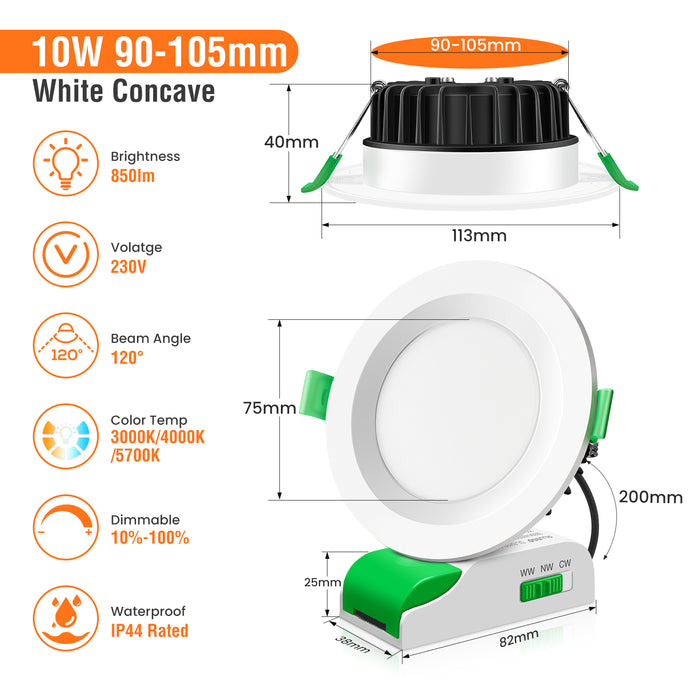 10W LED CCT Dimmable Downlight, Cutout 90-105mm, IP44/IP65 Rated, 6 Pack with External Driver