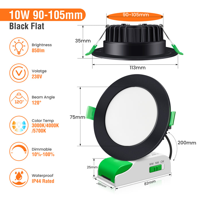 10W LED CCT Dimmable Downlight, Cutout 90-105mm, IP44/IP65 Rated, 6 Pack with External Driver