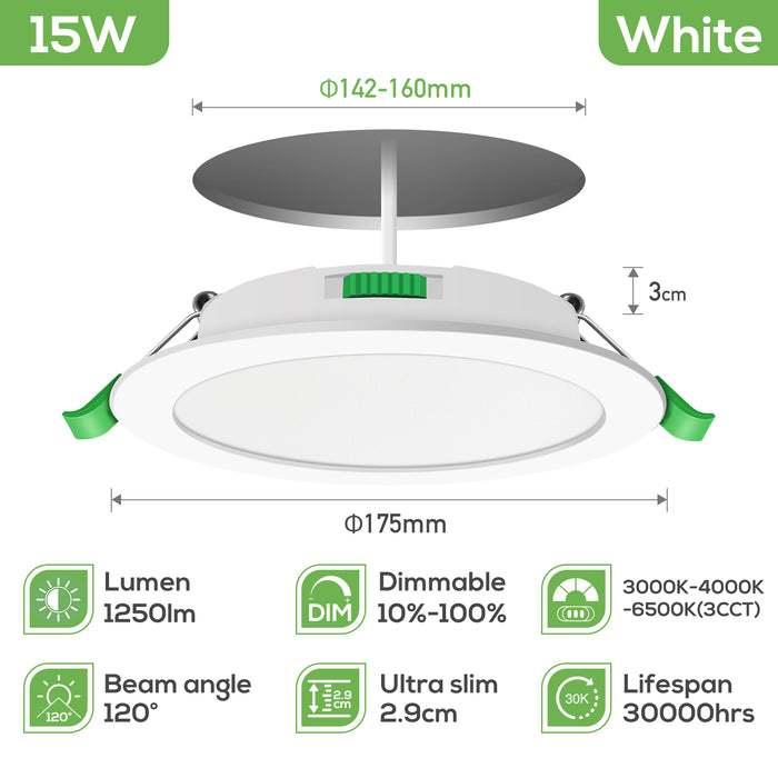 15W Ultra Slim LED Downlight CCT Dimmable IP44,Cutout 142-160mm 6 Pack