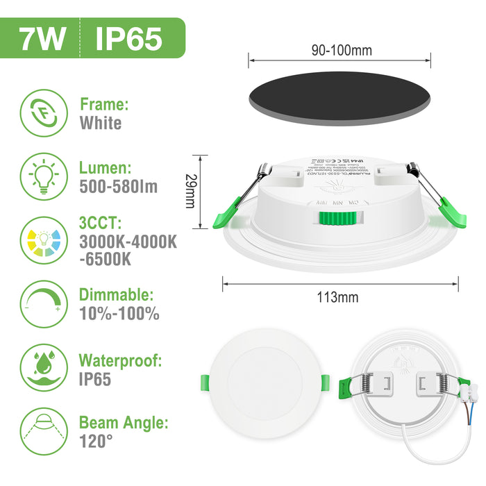 5W 7W IP65 Ultra Slim LED Downlight CCT Dimmable, Cutout 72-100mm, 6 Pack, White Frame