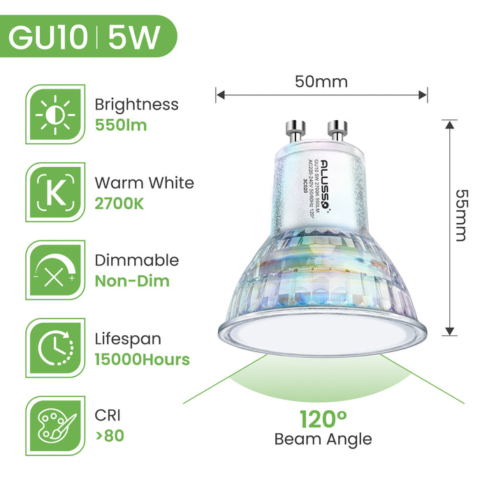 5W GU10 LED Bulbs 120° Beam Angle 2700K Warm White Pack of 12
