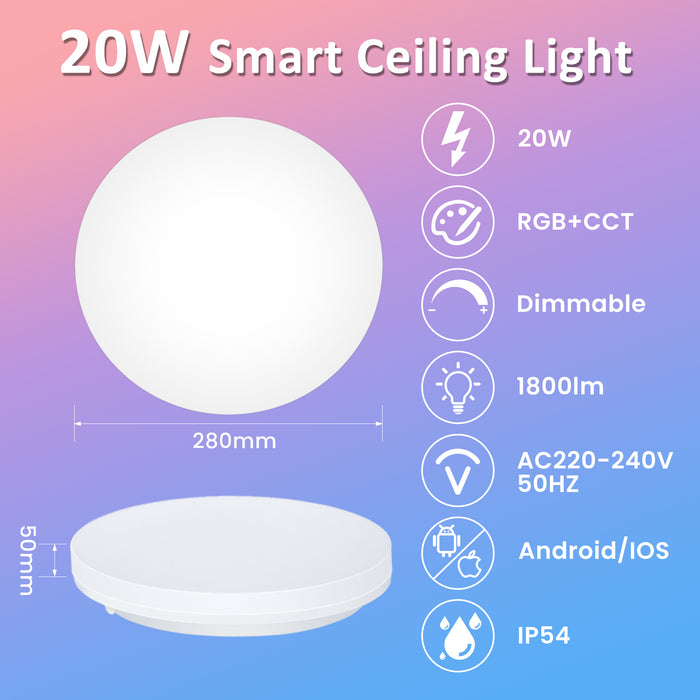 20W WIFI Smart Round LED Ceiling Light RGB CCT Dimmable IP54, 289mm*50mm, 1PACK