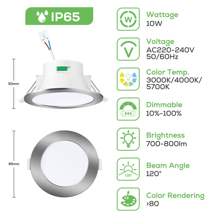 10W IP65 Nickel LED Downlight Dimmable Tri-coulor Recessed Ceiling Lights, 70-80mm Cutout, 6 pack