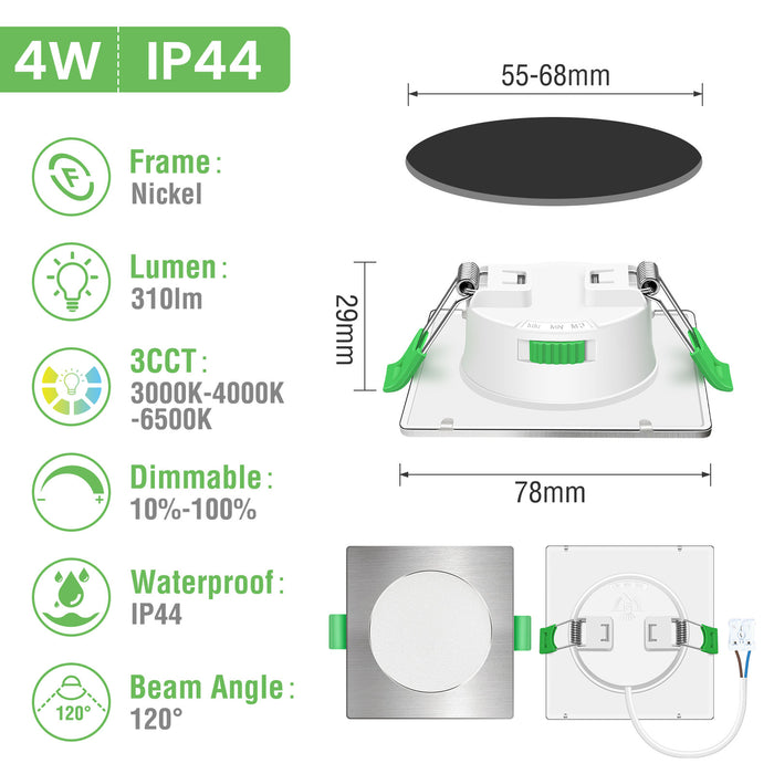 6 Pack Square 4W 55-68mm Cutout Ultra Slim LED Downlight 3CCT 3000K 4000K 6500K Dimmable IP44 White/Nickel Frame