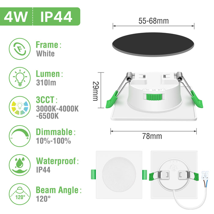 6 Pack Square 4W 55-68mm Cutout Ultra Slim LED Downlight 3CCT 3000K 4000K 6500K Dimmable IP44 White/Nickel Frame