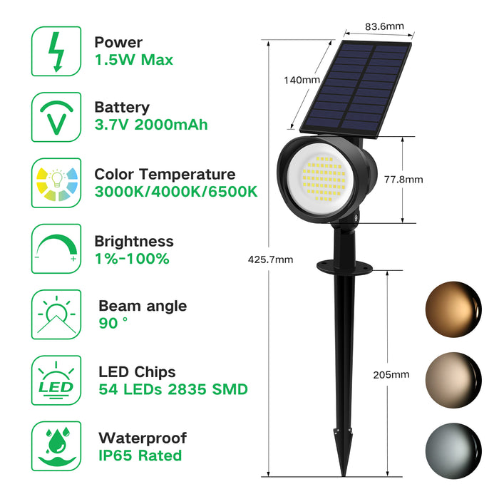 3CCT+DIM LED Solar Landscape Spotlights Outdoor Wall Night Light, 54-LEDs, IP65, 2 Pack