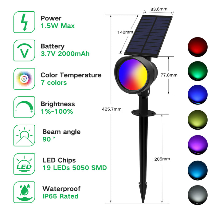 RGB LED Solar Landscape Spotlights Outdoor Wall Night Light, 19-LEDs, IP65, 2 Pack