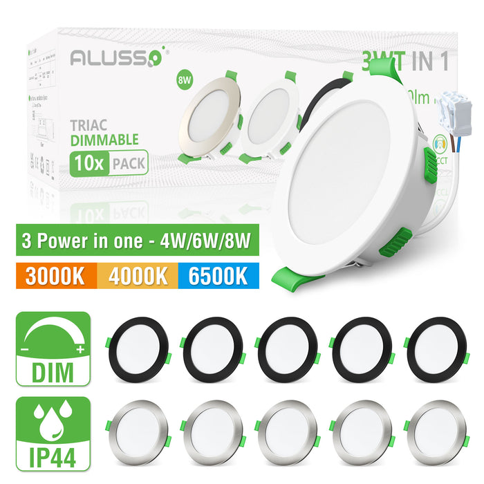 4W/6W/8W Changeable LED Downlight Dimmable Tri-colour IP44 Ultra Slim Recessed Ceiling Lights, 65-80mm Cutout, 10 Pack