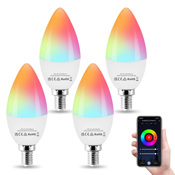 WiFi 5.5W Smart C37 E14 LED Bulbs, 180° Beam Angle, 4 Pack