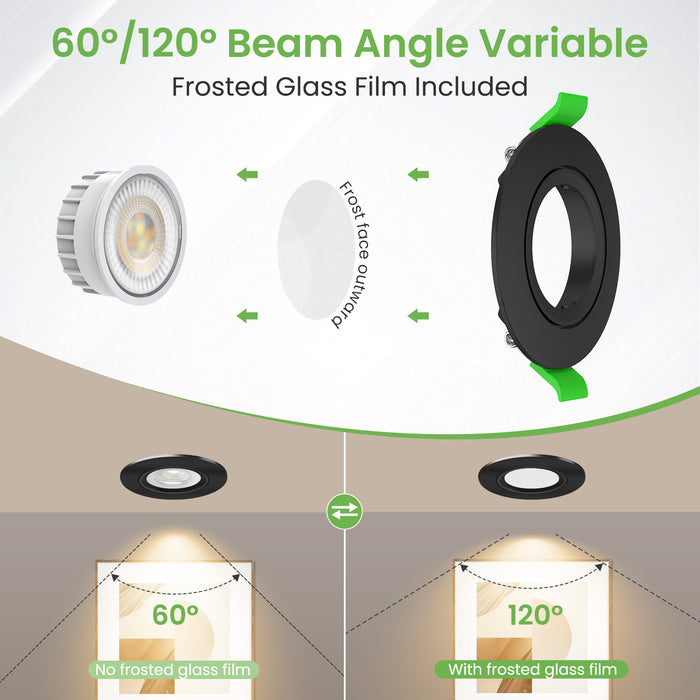 6W ∅75-78mm Swiveling Black Recessed Led Ceiling Lights Tilt Angle, Tri-Color, Dimmable, 60°/120° Variable Beam Angle, IP20, 6 PACK