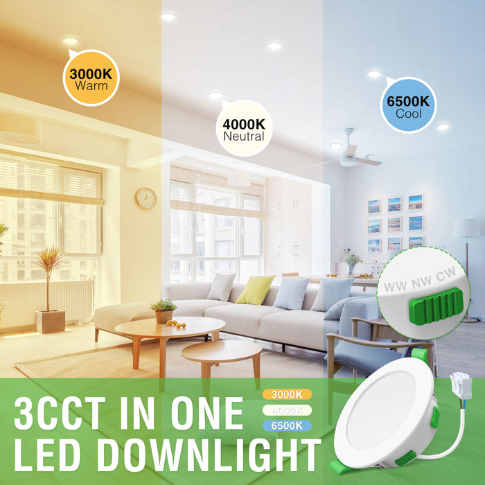 4W/6W/8W Changeable LED Downlight Dimmable Tri-colour IP44 Ultra Slim Recessed Ceiling Lights, 65-80mm Cutout, 10 Pack