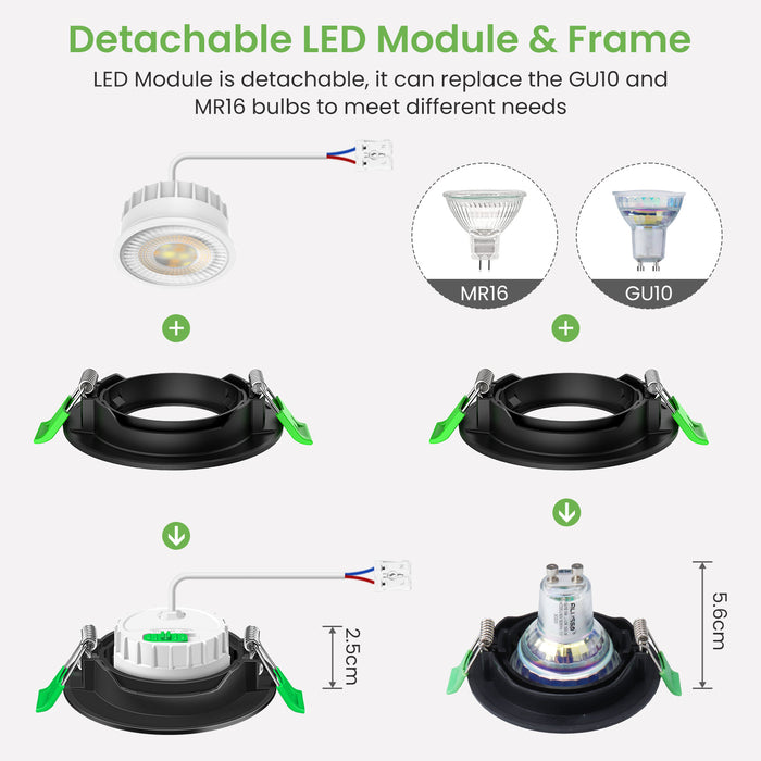 6W ∅68-75mm Black Recessed Led Ceiling Lights Flach 60°/120° Variable Beam Angle, Tri-Color, Dimmable, IP44, 6 PACK