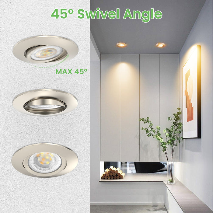 6W ∅75-78mm Swiveling Nickel Recessed Led Ceiling Lights Tilt Angle, Tri-Color, Dimmable, 60°/120° Variable Beam Angle, IP20, 6 PACK