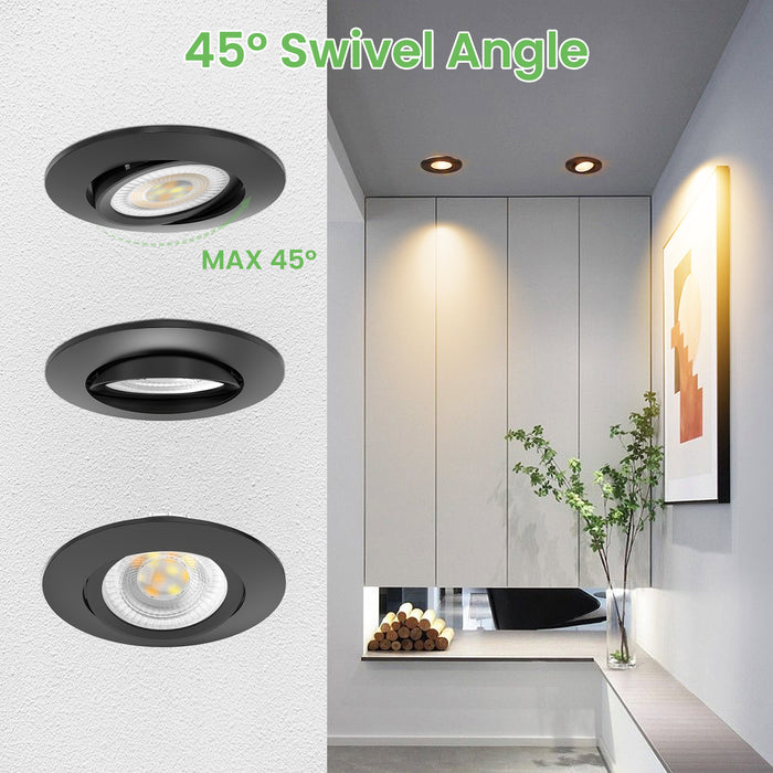 6W ∅75-78mm Swiveling Black Recessed Led Ceiling Lights Tilt Angle, Tri-Color, Dimmable, 60°/120° Variable Beam Angle, IP20, 6 PACK