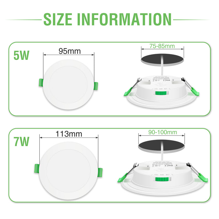 5W 7W IP65 Ultra Slim LED Downlight CCT Dimmable, Cutout 72-100mm, 6 Pack, White Frame