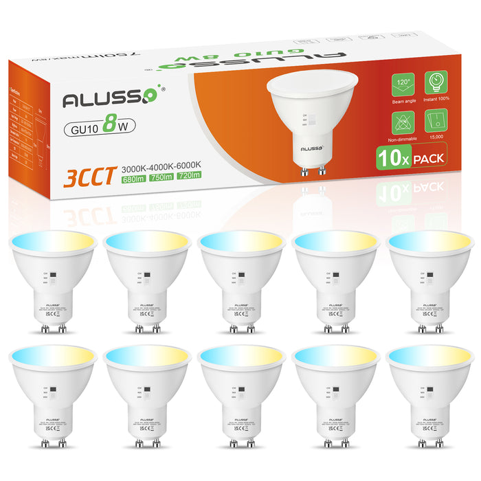 GU10/E27 LED Spotlight Bulb 8W/10W CCT 3000K/4000K/6500K, 120°/240° Beam Angle, 10 Pack