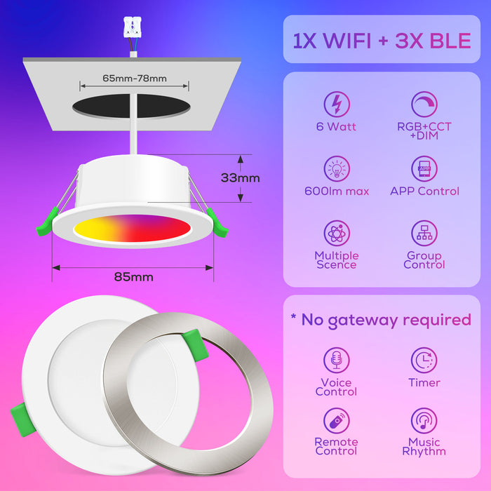 WIFI & Bluetooth 6W Smart RGB LED Downlights, 68-75mm Cutout, White & Nickel Frame, 4 Pack, IP54