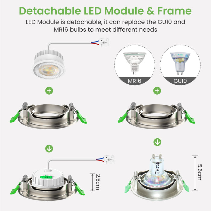 6W ∅68-75mm Nickel Recessed Led Ceiling Lights Flach 60°/120° Variable Beam Angle, Tri-Color, Dimmable, IP44, 6 PACK