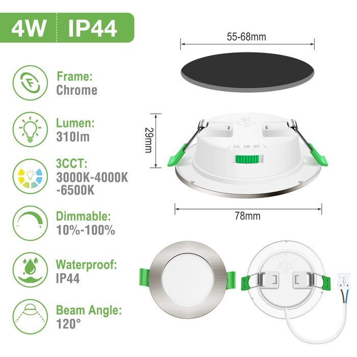 4W 5W 7W 10W 15W 22W Ultra Slim LED Downlight 55-205mm Cutout 3CCT 3000K 4000K 6500K Dimmable IP44 White/Nickel/Black Frame, 6 Pack