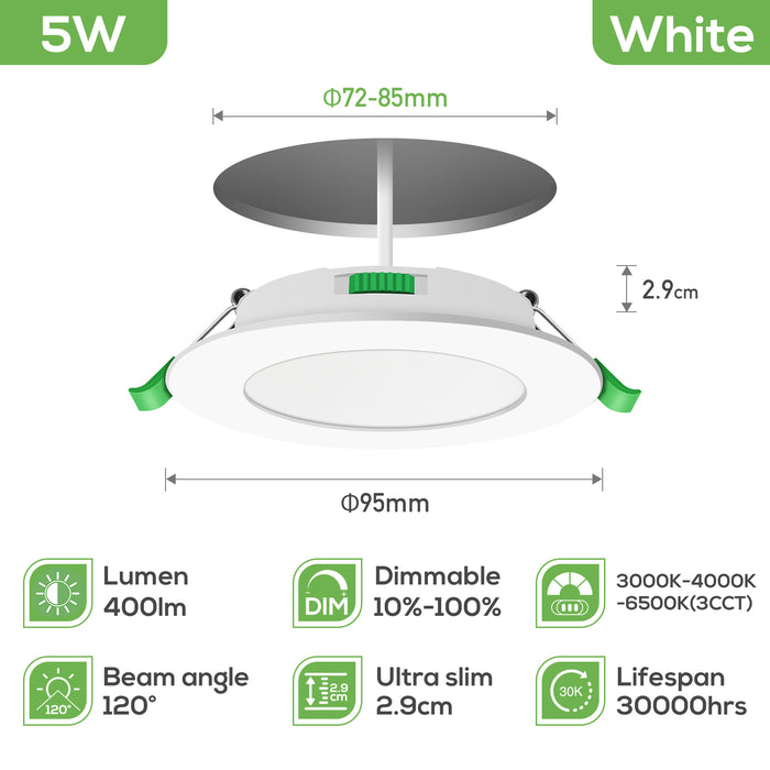 12Set Recessed LED Spot Light 5W 72-85mm Tri-Color 3000K 4000K 6500K Dimmable IP44 Waterproof Round White