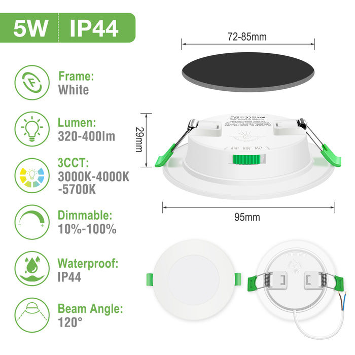 12Set Recessed LED Spot Light 5W 72-85mm Tri-Color 3000K 4000K 6500K Dimmable IP44/IP65 Waterproof Round White