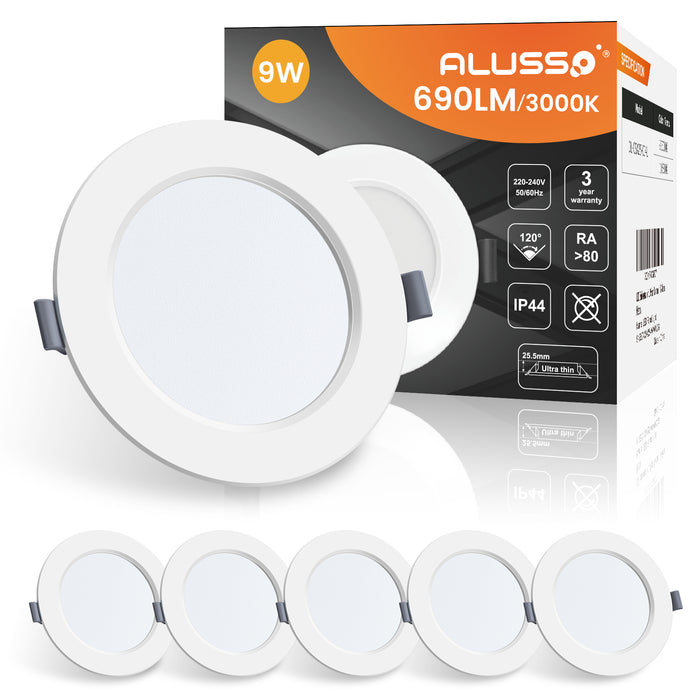 9W LED Recessed Ceiling Lights Cutout Ø120-130mm, Warm White 3000K, IP44, 6PACK