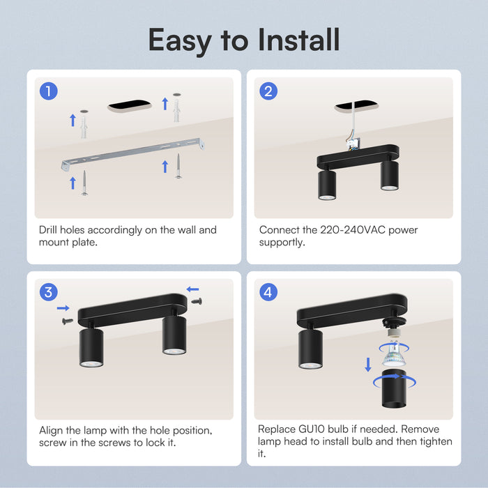 5W LED Spot Light 2-3 Heads Rotable GU10 2700K Swivelling Ceiling Track Fixture, Black