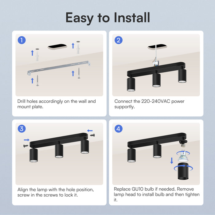 5W LED Spot Light 2-3 Heads Rotable GU10 2700K Swivelling Ceiling Track Fixture, Black