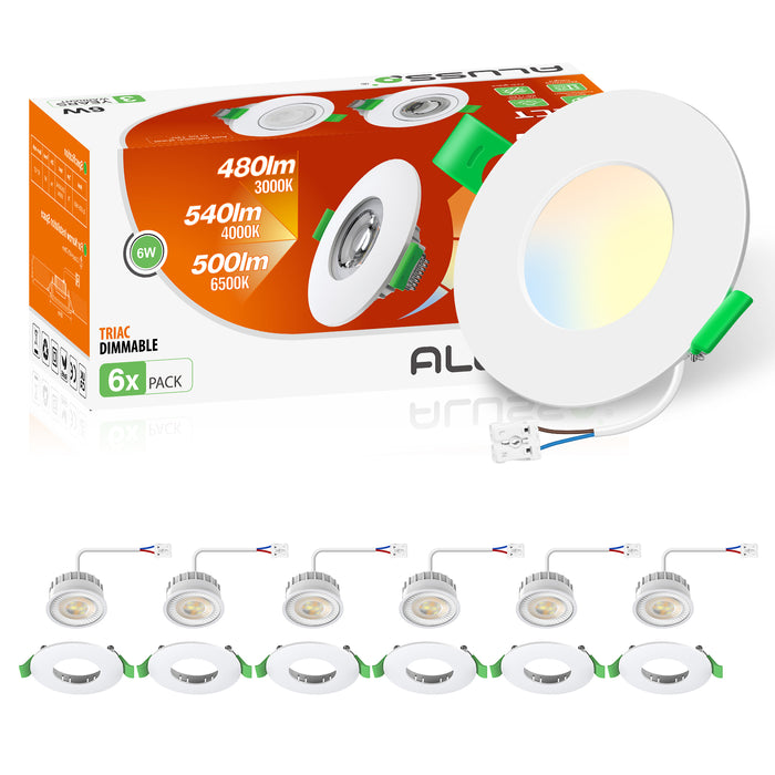 6W ∅68-75mm White Recessed Led Ceiling Lights Flach 60°/120° Variable Beam Angle, Tri-Color, Dimmable, IP44, 6 PACK