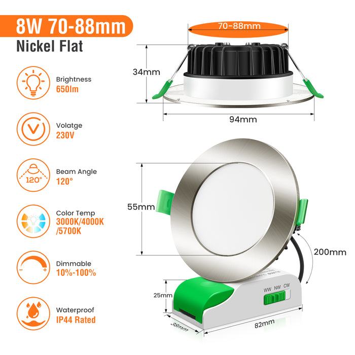 8W LED CCT Dimmable Downlight, Cutout Ø 70-88mm 6 Pack, with External Driver