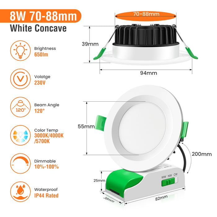 8W LED CCT Dimmbares Downlight, Ausschnitt Ø 70-80mm 6er Pack