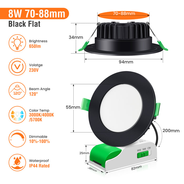 8W LED CCT Dimmable Downlight, Cutout Ø 70-88mm 6 Pack, with External Driver