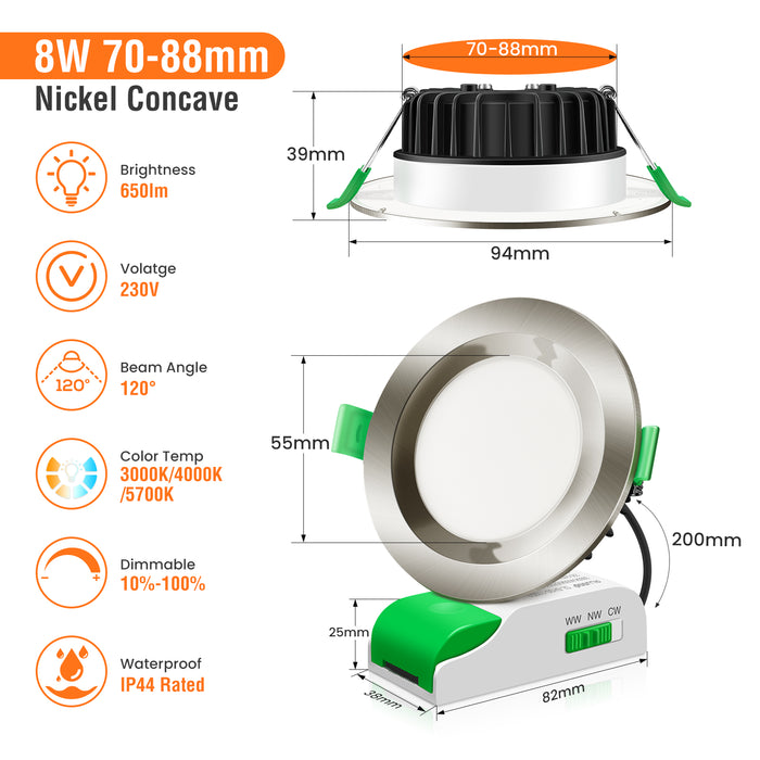 8W LED CCT Dimmbares Downlight, Ausschnitt Ø 70-80mm 6er Pack