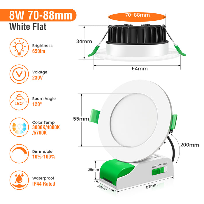 8W LED CCT Dimmable Downlight, Cutout Ø 70-88mm 6 Pack, with External Driver