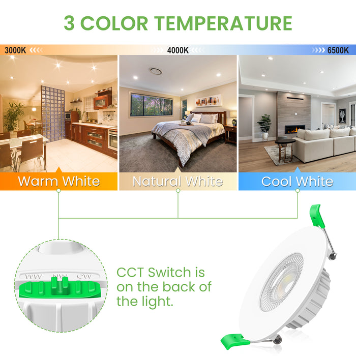 6W ∅68-75mm Recessed Led Ceiling Lights Fixed Angle, Tri-Color, Dimmable, IP44, 6 PACK