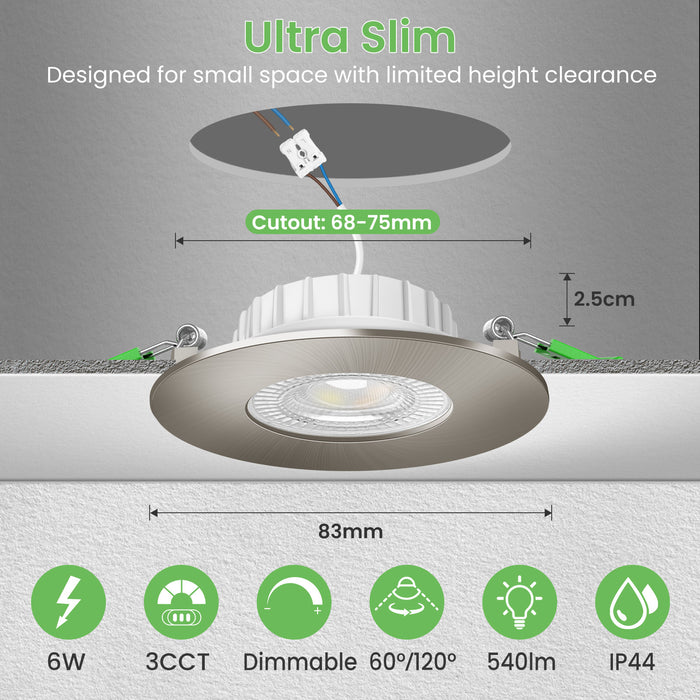 6W ∅68-75mm Nickel Recessed Led Ceiling Lights Flach 60°/120° Variable Beam Angle, Tri-Color, Dimmable, IP44, 6 PACK