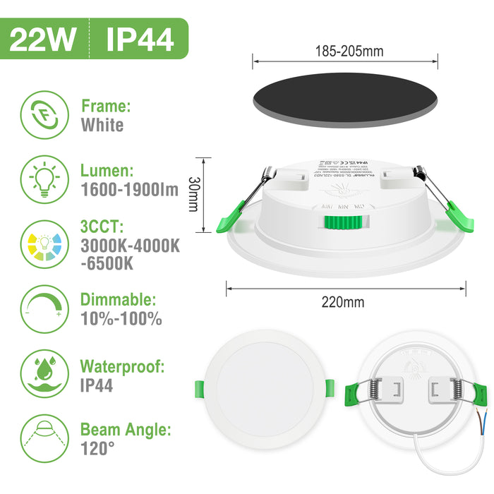 4W 5W 7W 10W 15W 22W Ultra Slim LED Downlight 55-205mm Cutout 3CCT 3000K 4000K 6500K Dimmable IP44 White/Nickel/Black Frame, 6 Pack