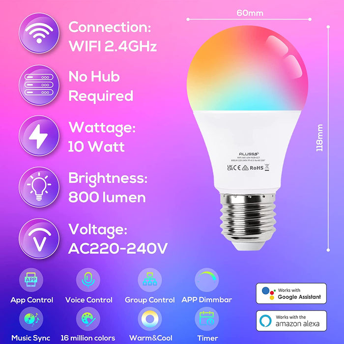 WiFi 10W Smart A60 E27 LED Bulbs, 240° Beam Angle, 4 Pack