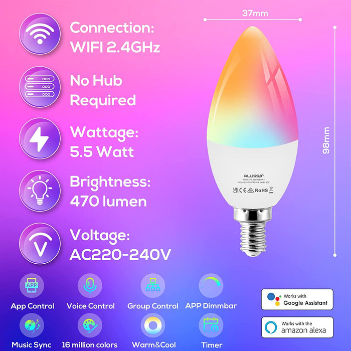 WiFi 5.5W Smart C37 E14 LED Bulbs, 180° Beam Angle, 4 Pack