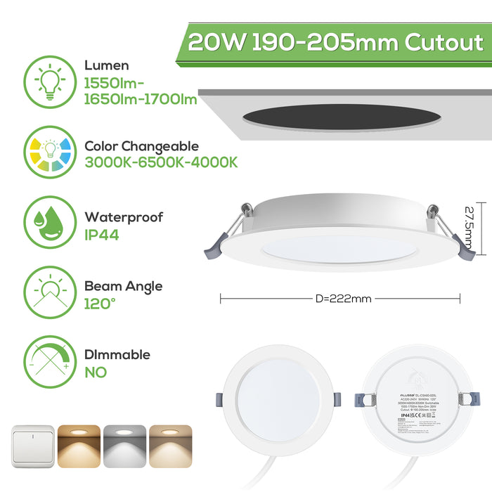 20W Ø190-205mm LED Recessed Ceiling Lights Utral Slim, 3000K-4000K-6500K Changeable, 6 Pack, IP44