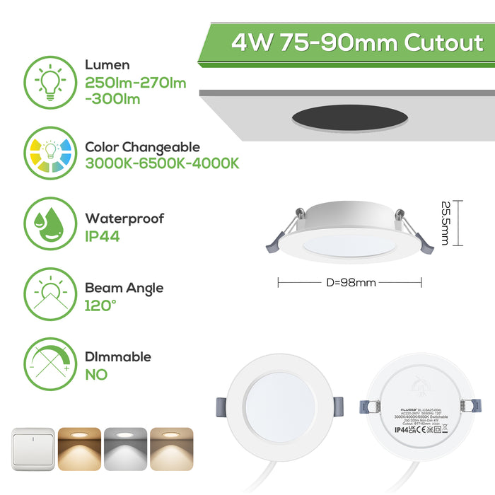 4W Ø75-90mm LED Recessed Ceiling Lights 3000K-6500K-4000K Changeable Utral Slim, IP44, 6 Pack