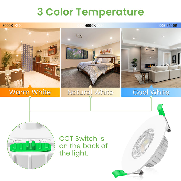 6W ∅68-75mm White Recessed Led Ceiling Lights Flach 60°/120° Variable Beam Angle, Tri-Color, Dimmable, IP44, 6 PACK