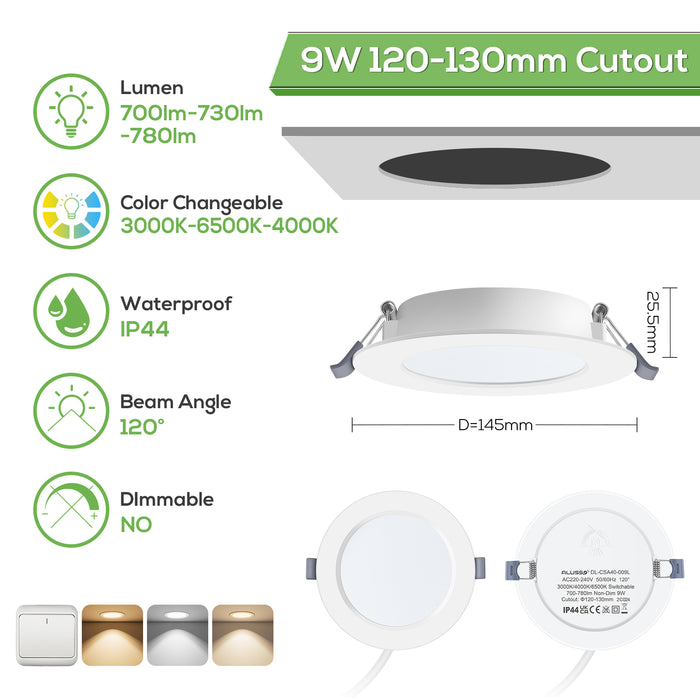 9W Ø120-130mm LED Recessed Ceiling Lights 3000K-4000K-6500K Changeable Utral Slim, IP44, 6 Pack