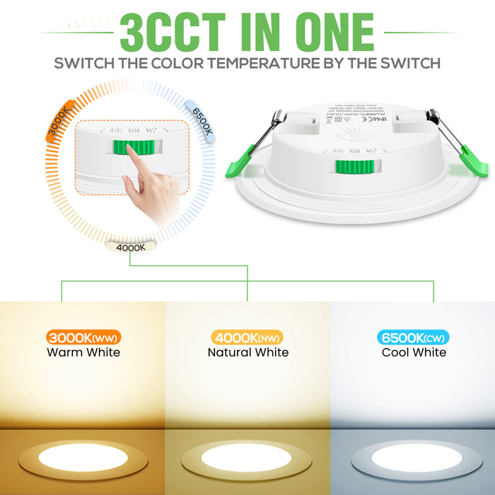 5W Ultra Slim LED Downlight 3CCT Dimmable IP44,Cutout 72-85mm 6 Pack