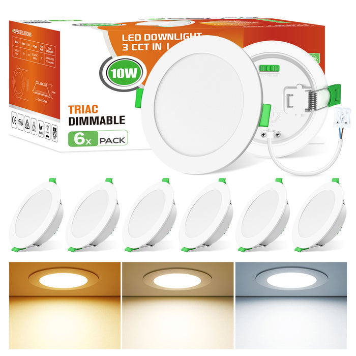 10W ∅90-100mm Recessed Led Ceiling Lights 1050lm High Bright, Tri-Color, Dimmable, IP44, 6 PACK