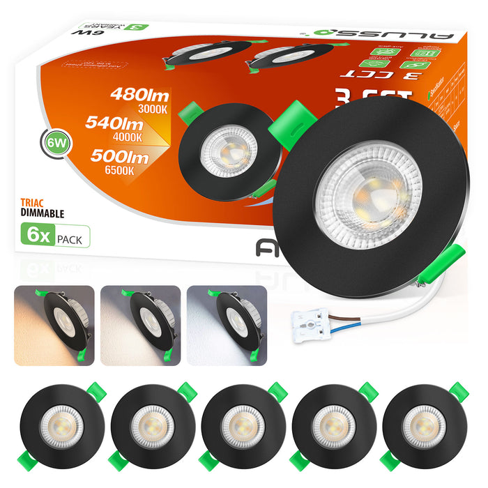 6W ∅68-75mm Black Recessed Led Ceiling Lights Flach 60°/120° Variable Beam Angle, Tri-Color, Dimmable, IP44, 6 PACK