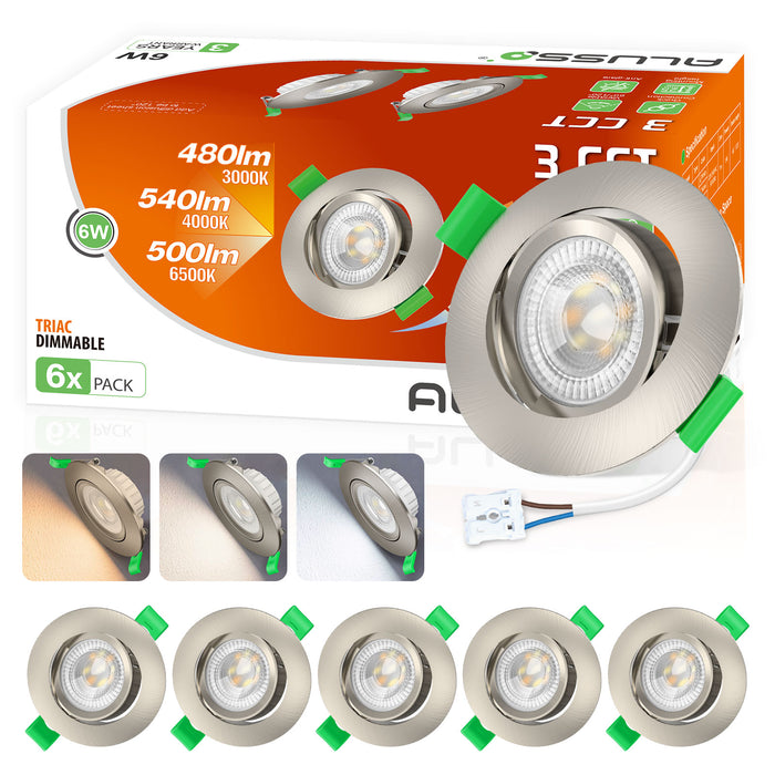 6W ∅75-78mm Swiveling Nickel Recessed Led Ceiling Lights Tilt Angle, Tri-Color, Dimmable, 60°/120° Variable Beam Angle, IP20, 6 PACK