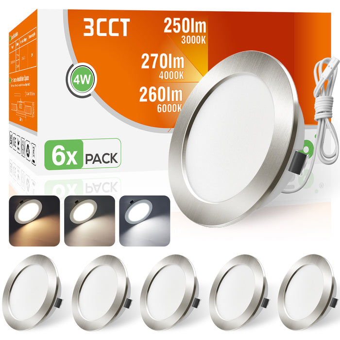 12V AC/DC RV Nickel LED Recessed Ceiling Lights 4W Tri-Color, IP44, Cutout 55-58mm, 6 Pack