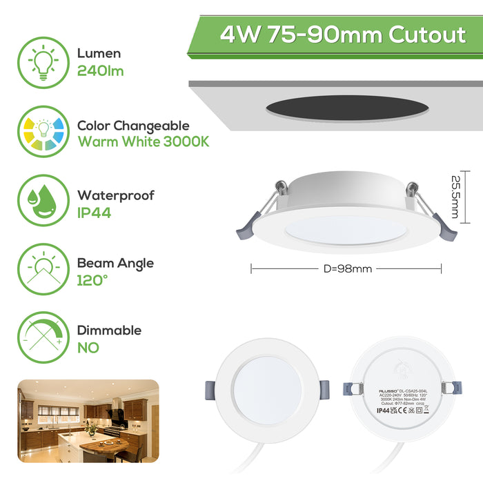 4W Ø75-90mm LED Recessed Ceiling Lights Utral Slim, Warm White 3000K, IP44, 6 Pack